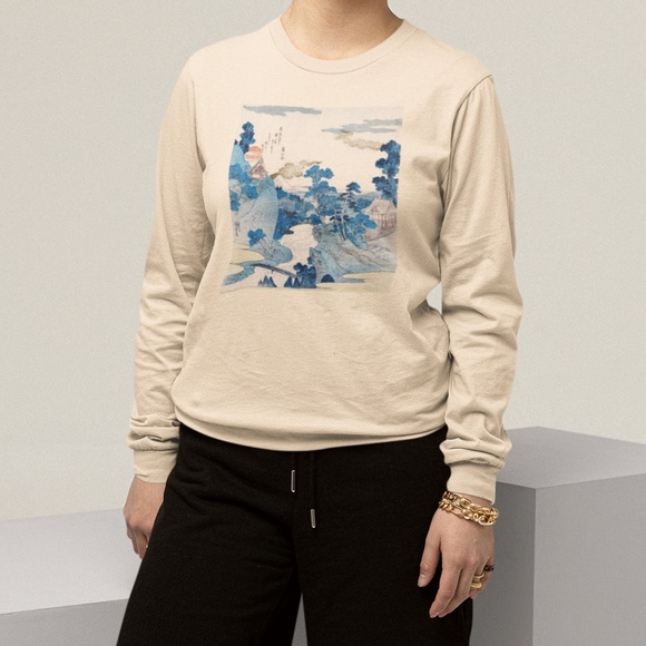 Evening View Mt Fuji VTG Ukyio-e Print Long Sleeve Graphic Tee T-shirt S M L XL - Picture 4 of 6